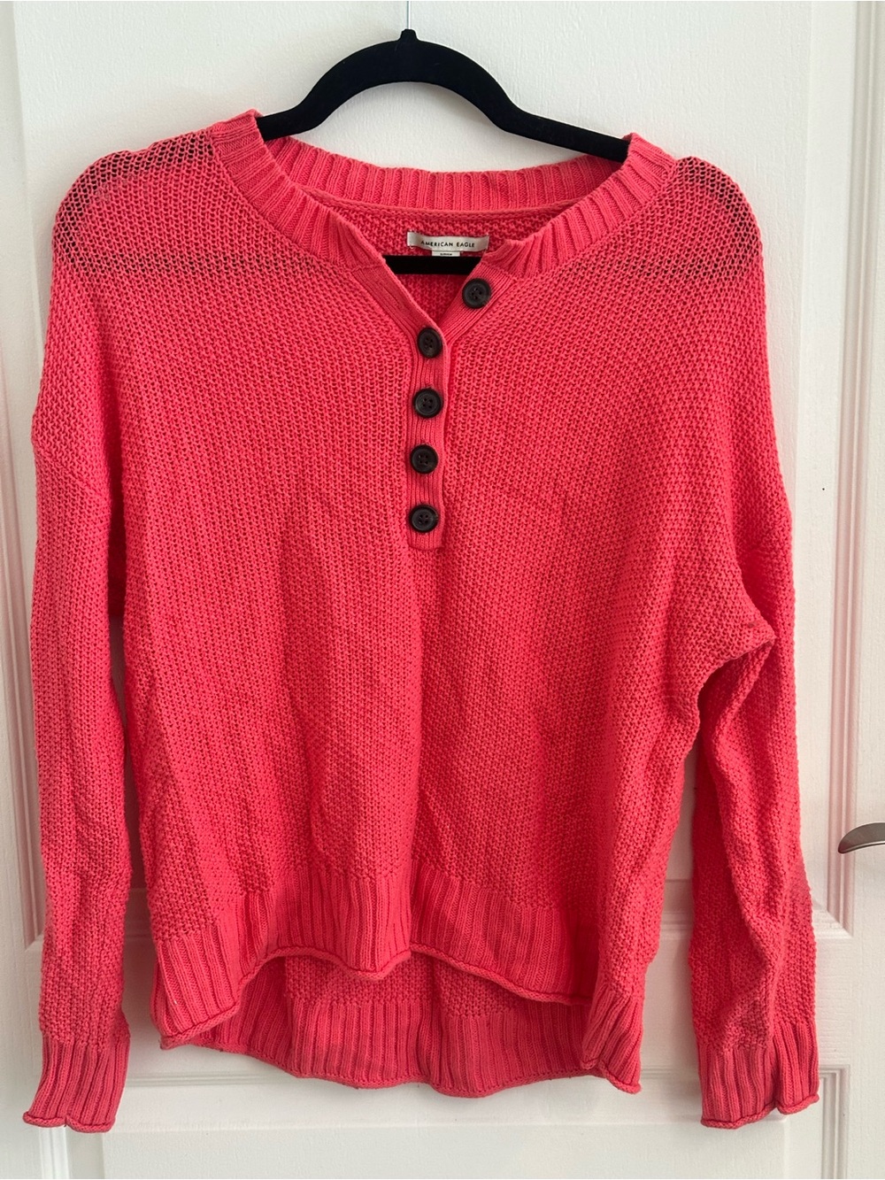 American Eagle Outfitters Coral-Pink Henley Button Knit Sweater